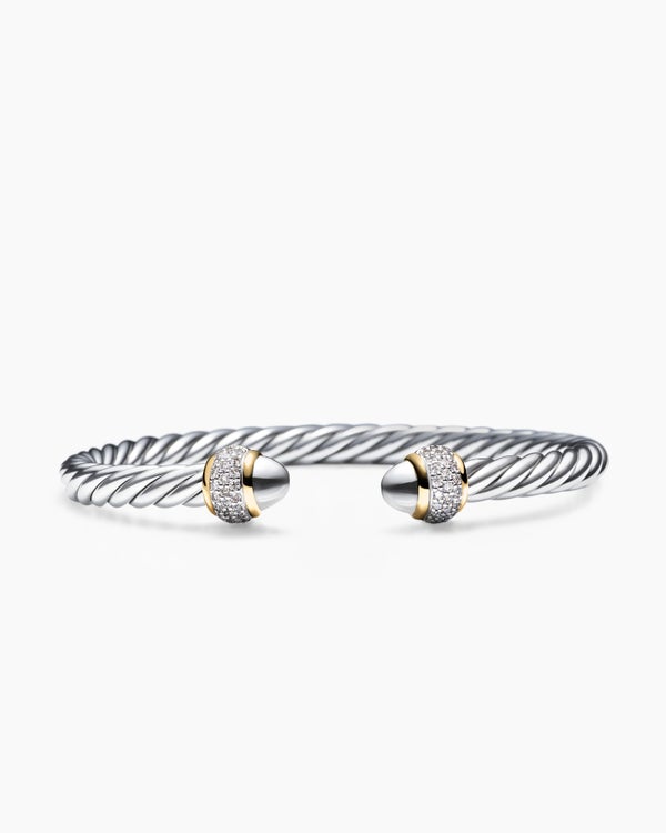 Cable Bracelet in Sterling Silver with 18K Yellow Gold and Diamonds, 5mm