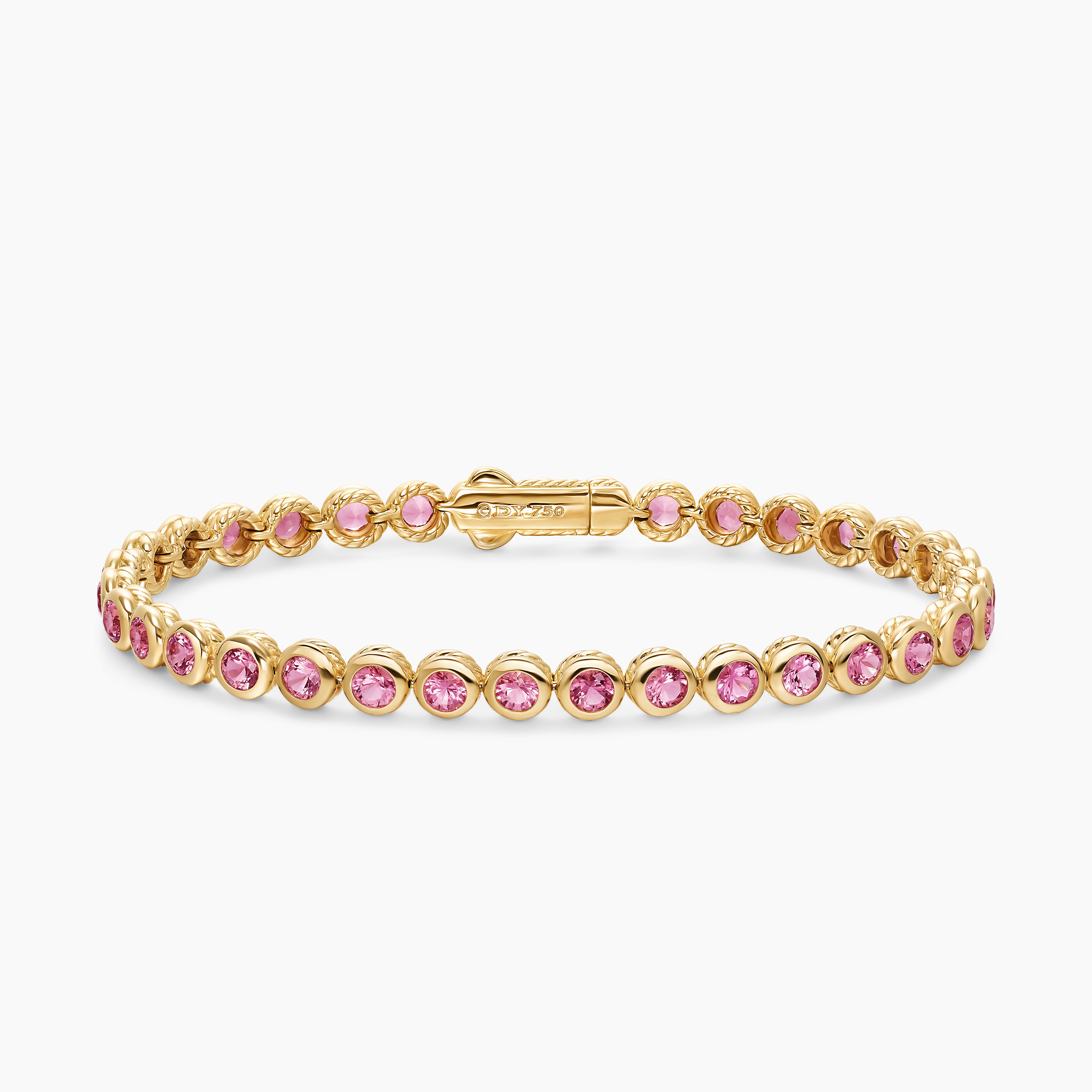 Womens Bezel Set Tennis Bracelet in 18K Yellow Gold with Pink Tourmalines, 4.7mm