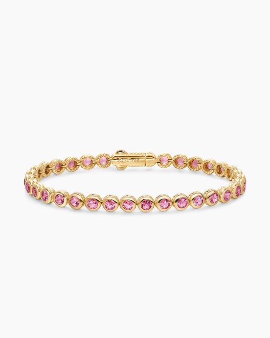 Bezel Set Tennis Bracelet in 18K Yellow Gold with Pink Tourmalines, 4.7mm