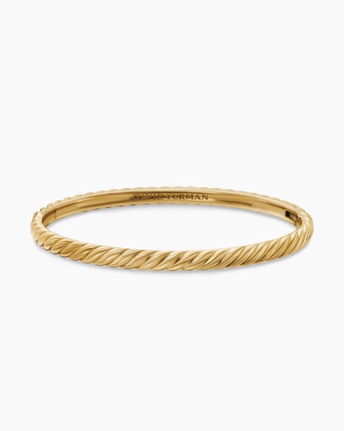 Womens Sculpted Cable Bangle Bracelet in 18K Yellow Gold, 4.6mm