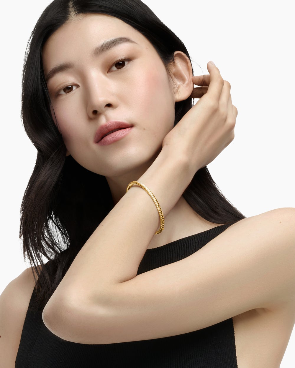 Womens Sculpted Cable Bangle Bracelet in 18K Yellow Gold, 4.6mm