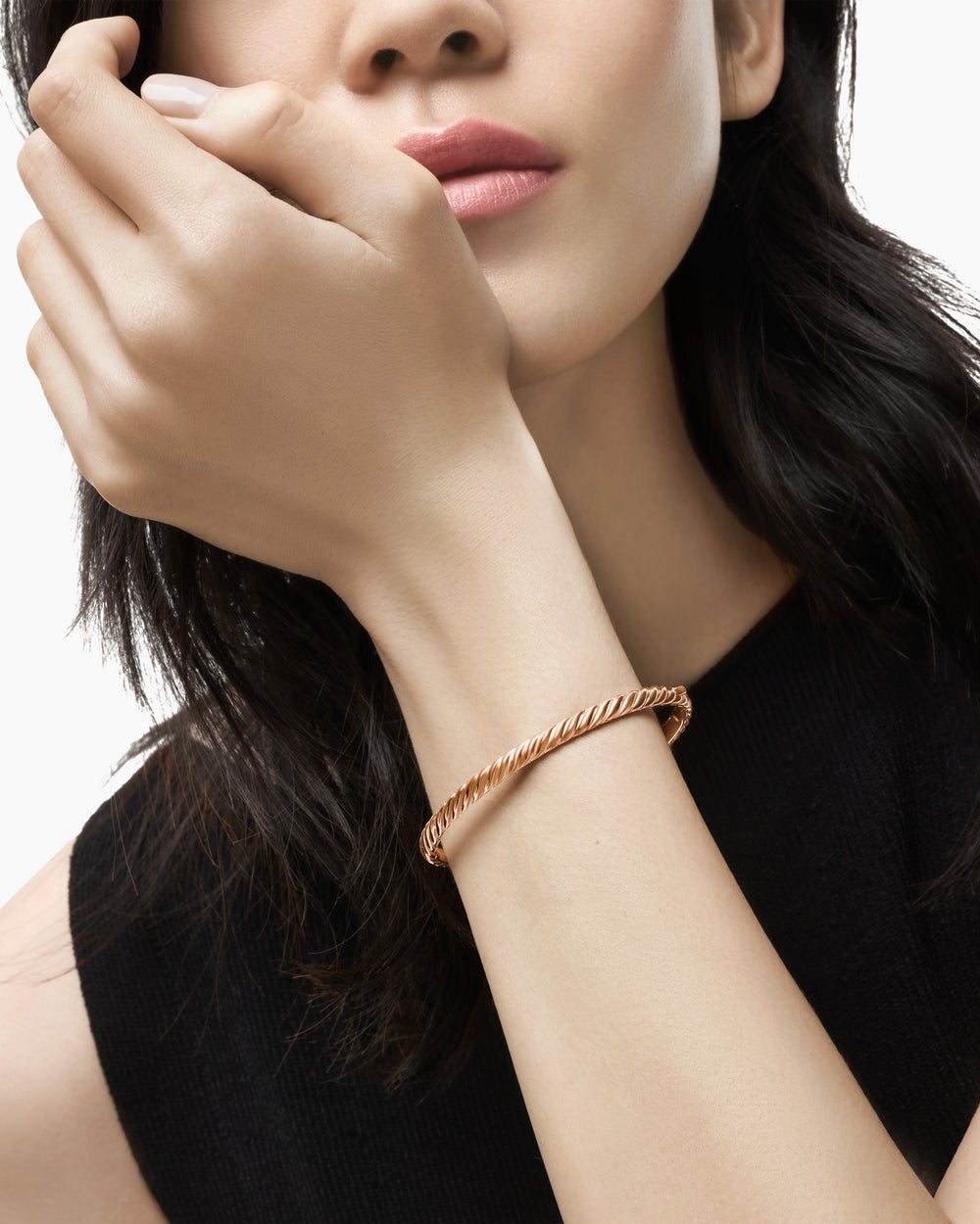 Womens Sculpted Cable Bangle Bracelet in 18ct Rose Gold, 4.6mm