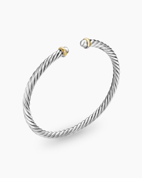 Womens Cable Flex Bracelet in Sterling Silver with 14ct Yellow Gold, 4mm