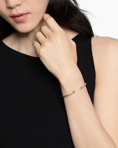 Womens Cable Flex Bracelet in Sterling Silver with 14ct Yellow Gold, 4mm