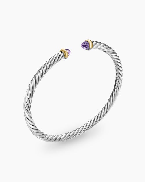 Womens Cable Flex® Bracelet in Sterling Silver with 14ct Yellow Gold and Amethyst, 4mm