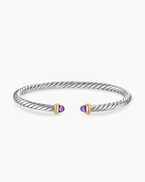 Womens Cable Flex® Bracelet in Sterling Silver with 14ct Yellow Gold and Amethyst, 4mm