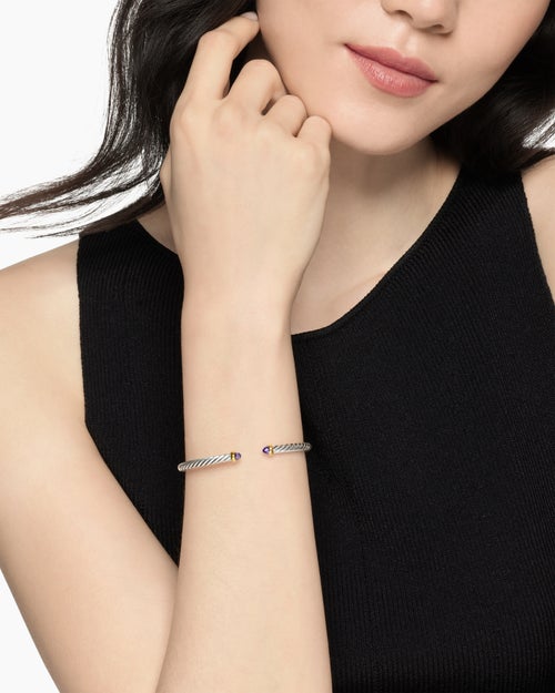 Womens Cable Flex® Bracelet in Sterling Silver with 14K Yellow Gold and Amethyst, 4mm