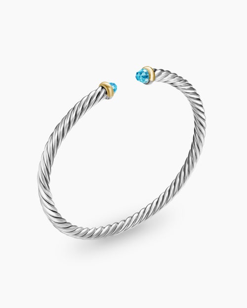 Womens Cable Flex® Bracelet in Sterling Silver with 14K Yellow Gold and Blue Topaz, 4mm