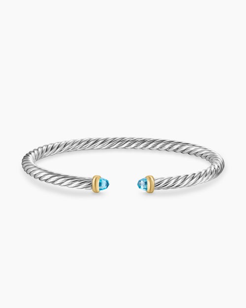 Womens Cable Flex® Bracelet in Sterling Silver with 14K Yellow Gold and Blue Topaz, 4mm