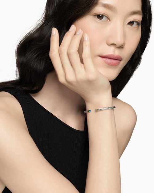 Womens Cable Flex Bracelet in Sterling Silver with 14K Yellow Gold, 4mm