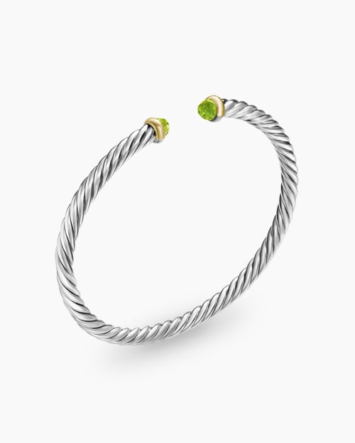 Womens Cable Flex® Bracelet in Sterling Silver with 14K Yellow Gold and Peridot, 4mm