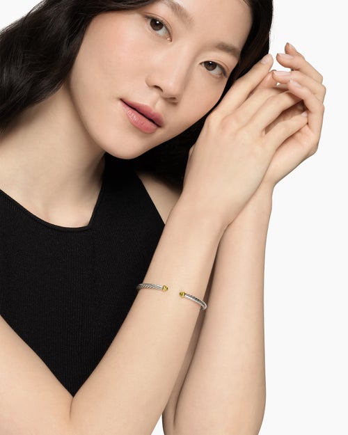 Womens Cable Flex® Bracelet in Sterling Silver with 14K Yellow Gold and Peridot, 4mm