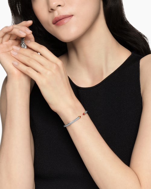 Womens Cable Flex Bracelet in Sterling Silver with 14K Yellow Gold, 4mm