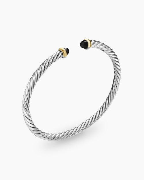 Womens Cable Flex® Bracelet in Sterling Silver with 14K Yellow Gold and Black Onyx, 4mm