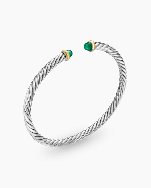 Womens Cable Flex® Bracelet in Sterling Silver with 14K Yellow Gold and Green Onyx, 4mm