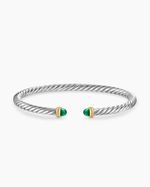 Womens Cable Flex® Bracelet in Sterling Silver with 14K Yellow Gold and Green Onyx, 4mm