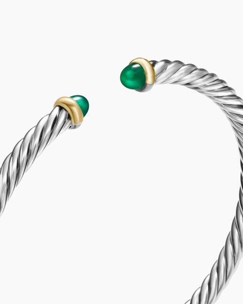 Womens Cable Flex® Bracelet in Sterling Silver with 14K Yellow Gold and Green Onyx, 4mm