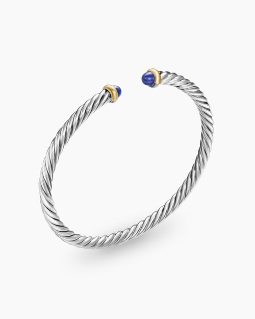 Womens Cable Flex® Bracelet in Sterling Silver with 14K Yellow Gold and Lapis Lazuli, 4mm