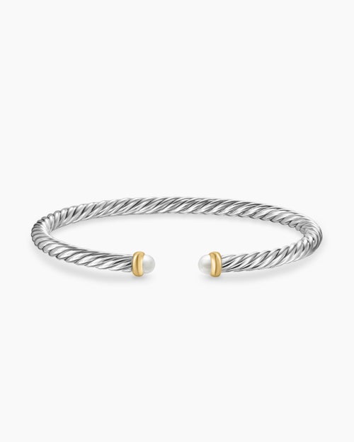 Womens Cable Flex® Bracelet in Sterling Silver with 14K Yellow Gold and Pearls, 4mm