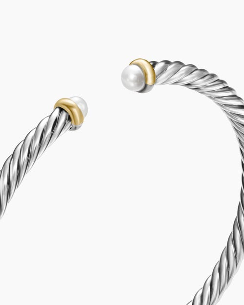 Womens Cable Flex® Bracelet in Sterling Silver with 14K Yellow Gold and Pearls, 4mm