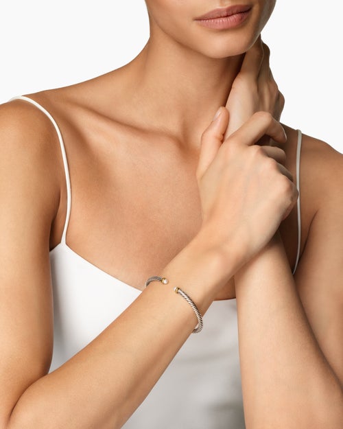 Womens Cable Flex Bracelet in Sterling Silver with 14ct Yellow Gold, 4mm