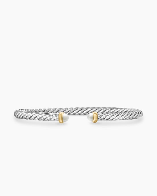 Cable Flex® Bracelet in Sterling Silver with 14ct Yellow Gold and Pearls, 4mm