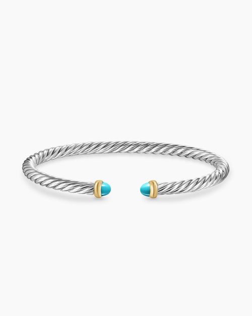 Womens Cable Flex® Bracelet in Sterling Silver with 14K Yellow Gold and Turquoise, 4mm