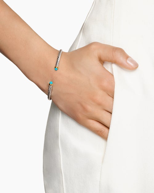 Womens Cable Flex® Bracelet in Sterling Silver with 14K Yellow Gold and Turquoise, 4mm