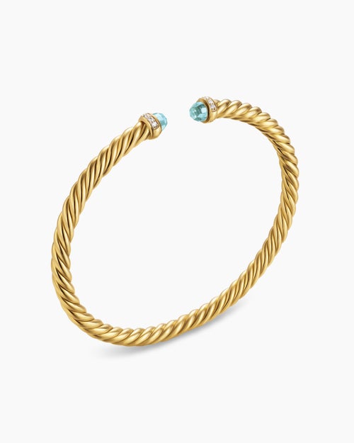 Womens Cablespira® Flex Bracelet in 18K Yellow Gold with Aquamarine and Diamonds, 4mm
