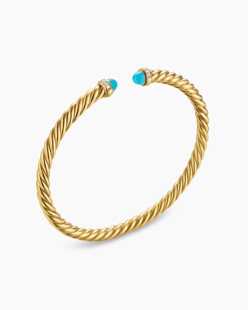Womens Cablespira® Flex Bracelet in 18K Yellow Gold with Turquoise and Diamonds, 4mm