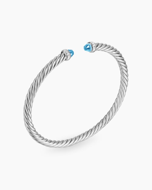Womens Cable Flex® Bracelet in Sterling Silver with Blue Topaz and Diamonds, 4mm
