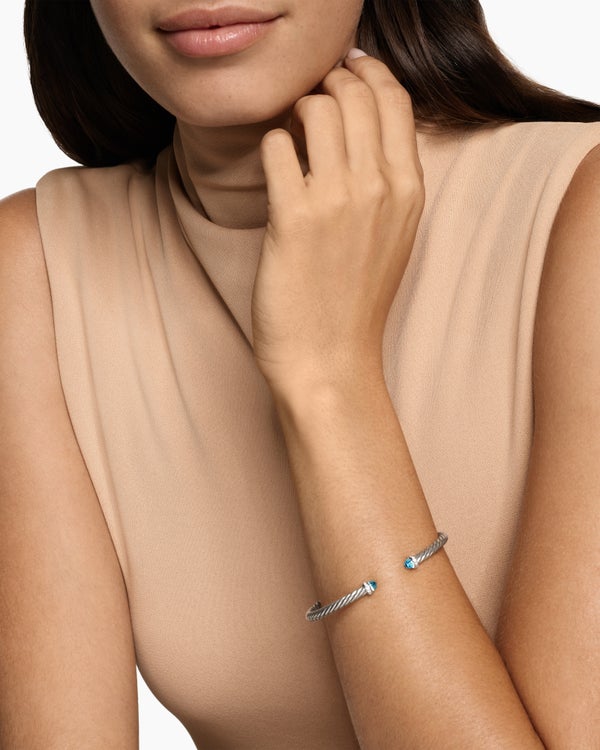 Cable Flex Bracelet in Sterling Silver with Blue Topaz and Diamonds, 4mm
