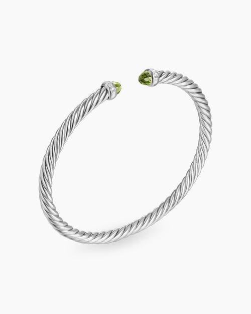 Womens Cable Flex® Bracelet in Sterling Silver with Peridot and Diamonds, 4mm