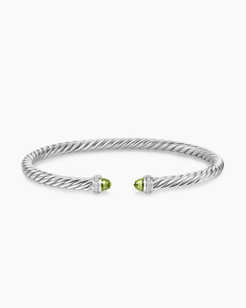 Womens Cable Flex® Bracelet in Sterling Silver with Peridot and Diamonds, 4mm