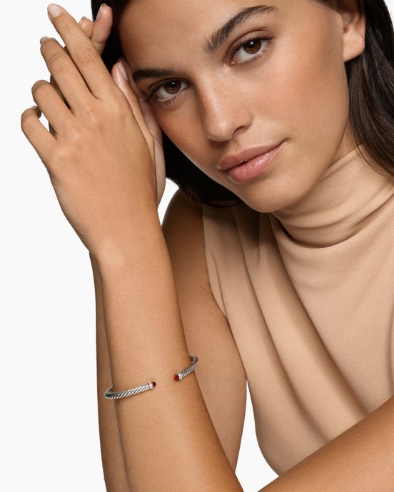 Cable Flex Bracelet in Sterling Silver with Rhodolite Garnet and Diamonds, 4mm