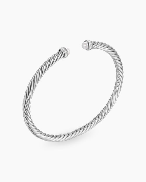 Womens Cable Flex® Bracelet in Sterling Silver with Pearls and Diamonds, 4mm