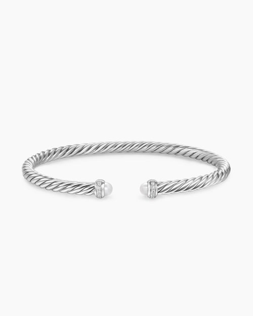Womens Cable Flex® Bracelet in Sterling Silver with Pearls and Diamonds, 4mm