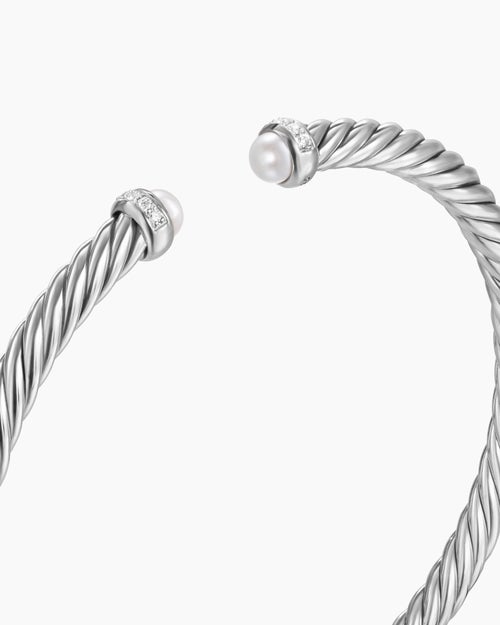 Womens Cable Flex® Bracelet in Sterling Silver with Pearls and Diamonds, 4mm
