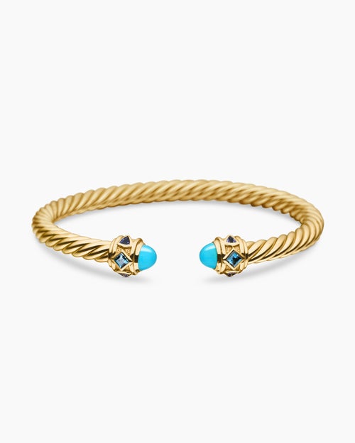Womens Renaissance® Cablespira® Bracelet in 18K Yellow Gold with Turquoise, Hampton Blue Topaz and Iolite, 5mm