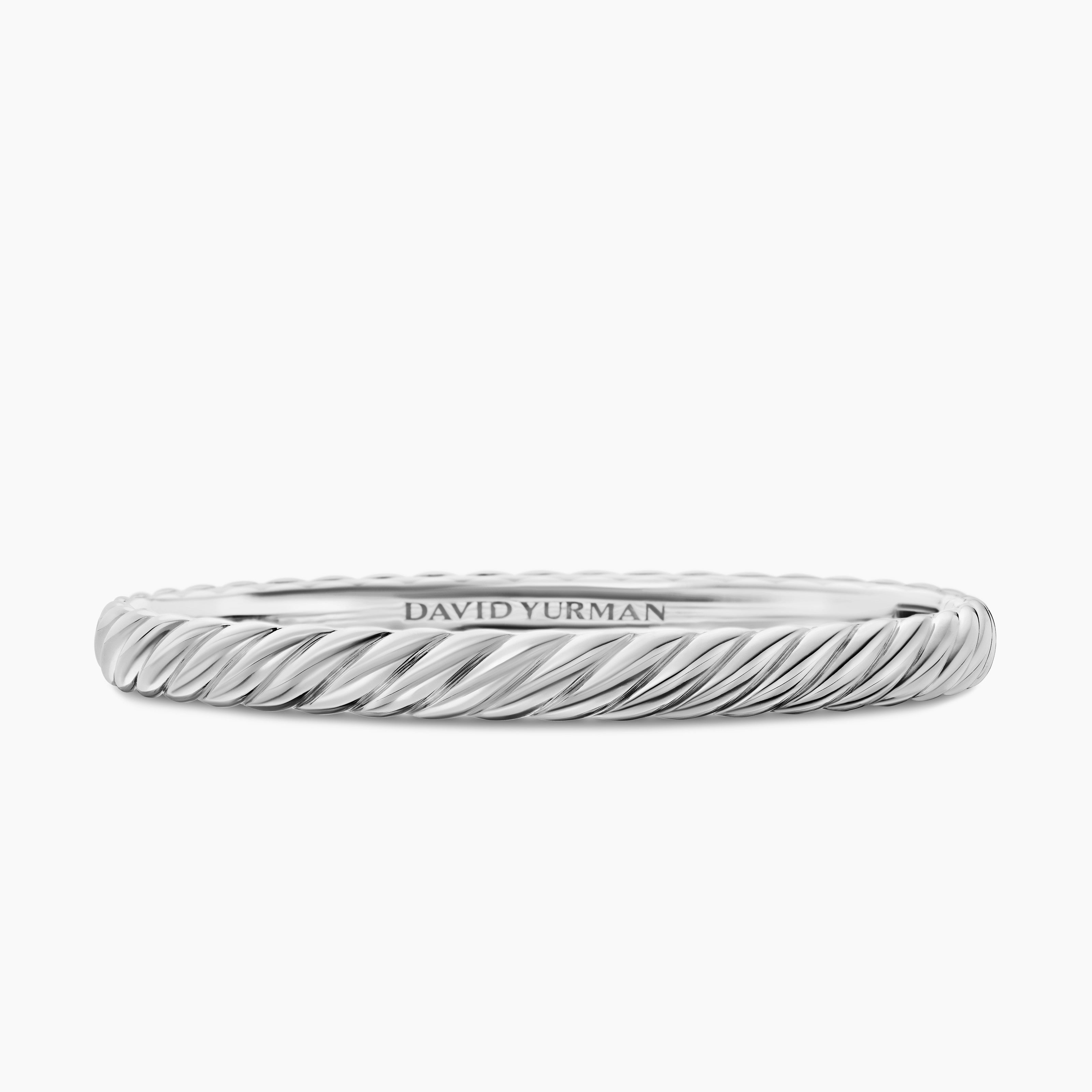 Womens Sculpted Cable Bangle Bracelet in 18K White Gold, 6.2mm