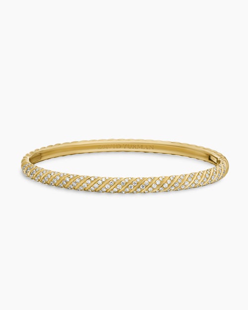 Womens Sculpted Cable Bangle Bracelet in 18K Yellow Gold with Diamonds, 4.6mm