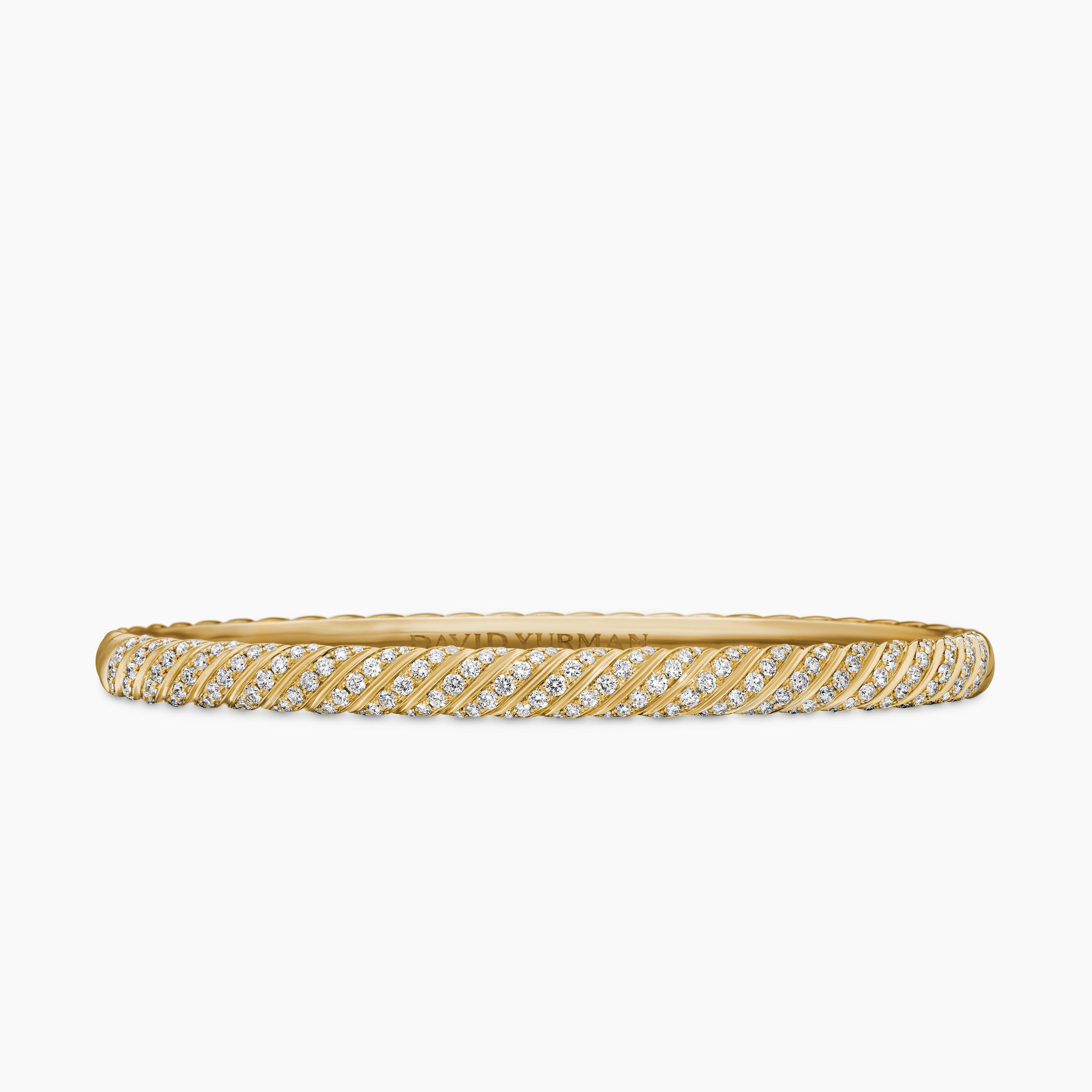 Womens Sculpted Cable Bangle Bracelet in 18K Yellow Gold with Diamonds, 4.6mm