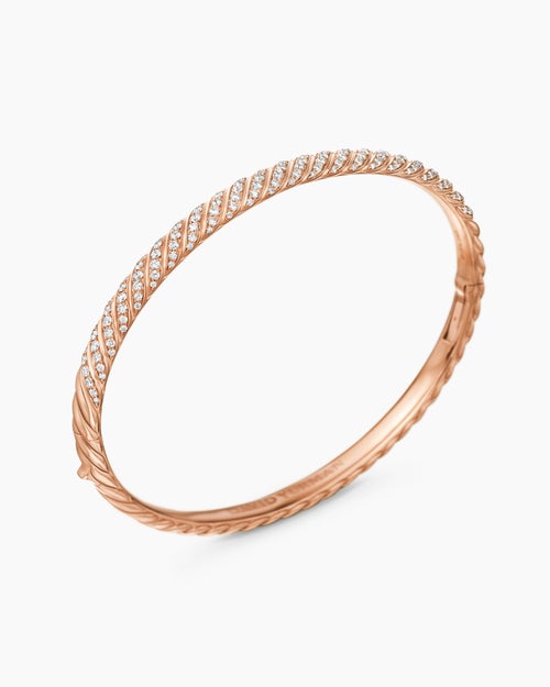 Womens Sculpted Cable Bangle Bracelet in 18K Rose Gold with Diamonds, 4.6mm