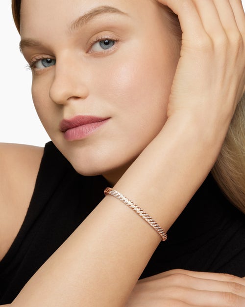 Womens Sculpted Cable Bangle Bracelet in 18K Rose Gold with Diamonds, 4.6mm