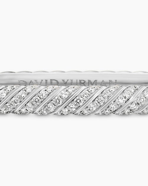 Womens Sculpted Cable Bangle Bracelet in 18K White Gold with Diamonds, 4.6mm