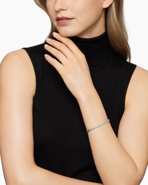 Womens Sculpted Cable Bangle Bracelet in 18K White Gold with Diamonds, 4.6mm