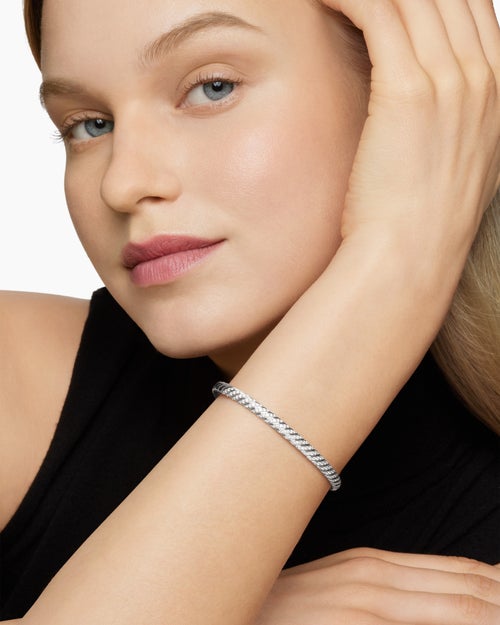Womens Sculpted Cable Bangle Bracelet in 18K White Gold with Diamonds, 4.6mm