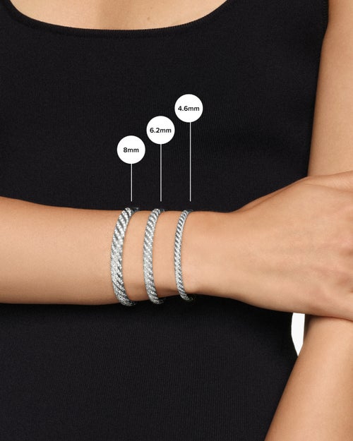 Womens Sculpted Cable Bangle Bracelet in 18K White Gold with Diamonds, 4.6mm