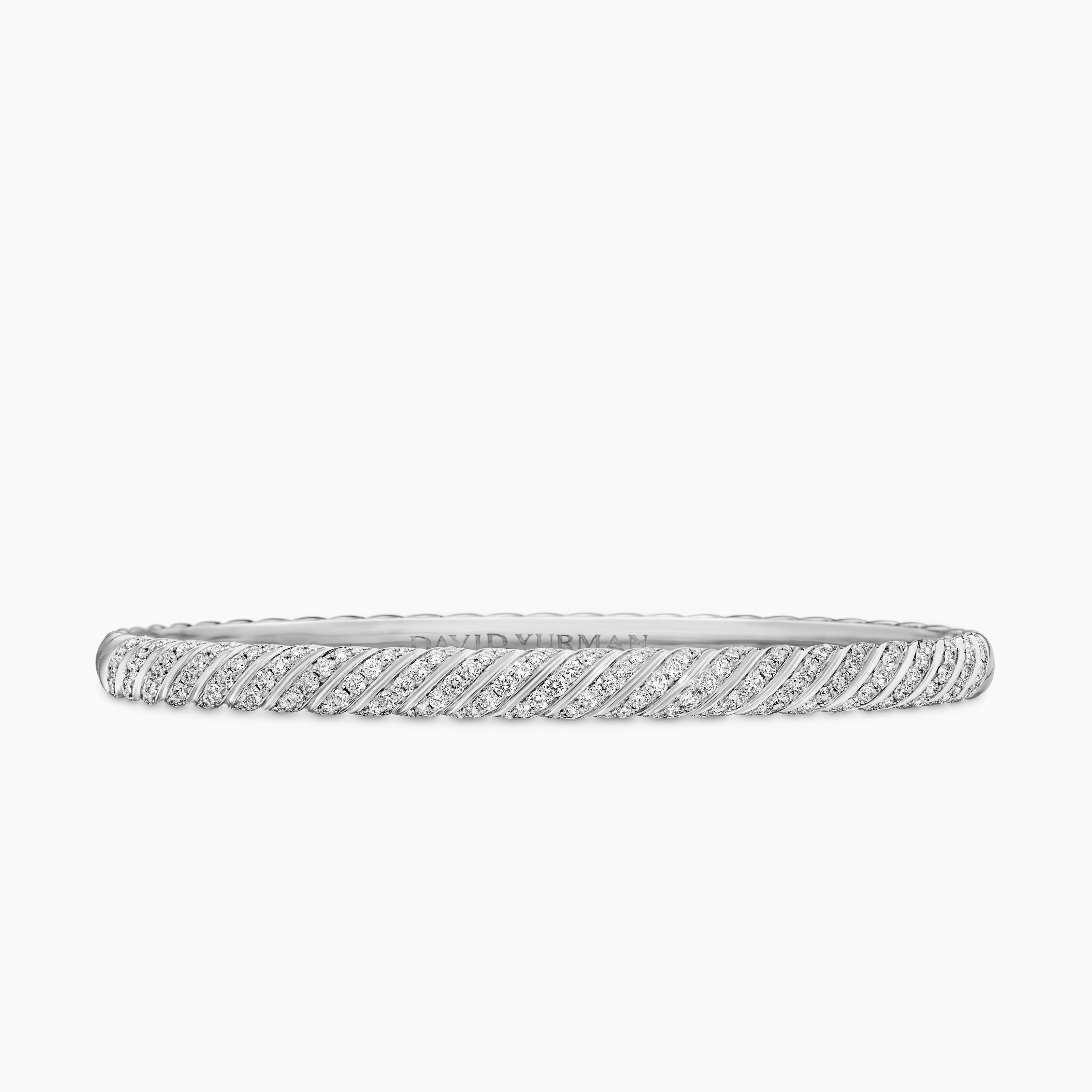Womens Sculpted Cable Bangle Bracelet in 18K White Gold with Diamonds, 4.6mm