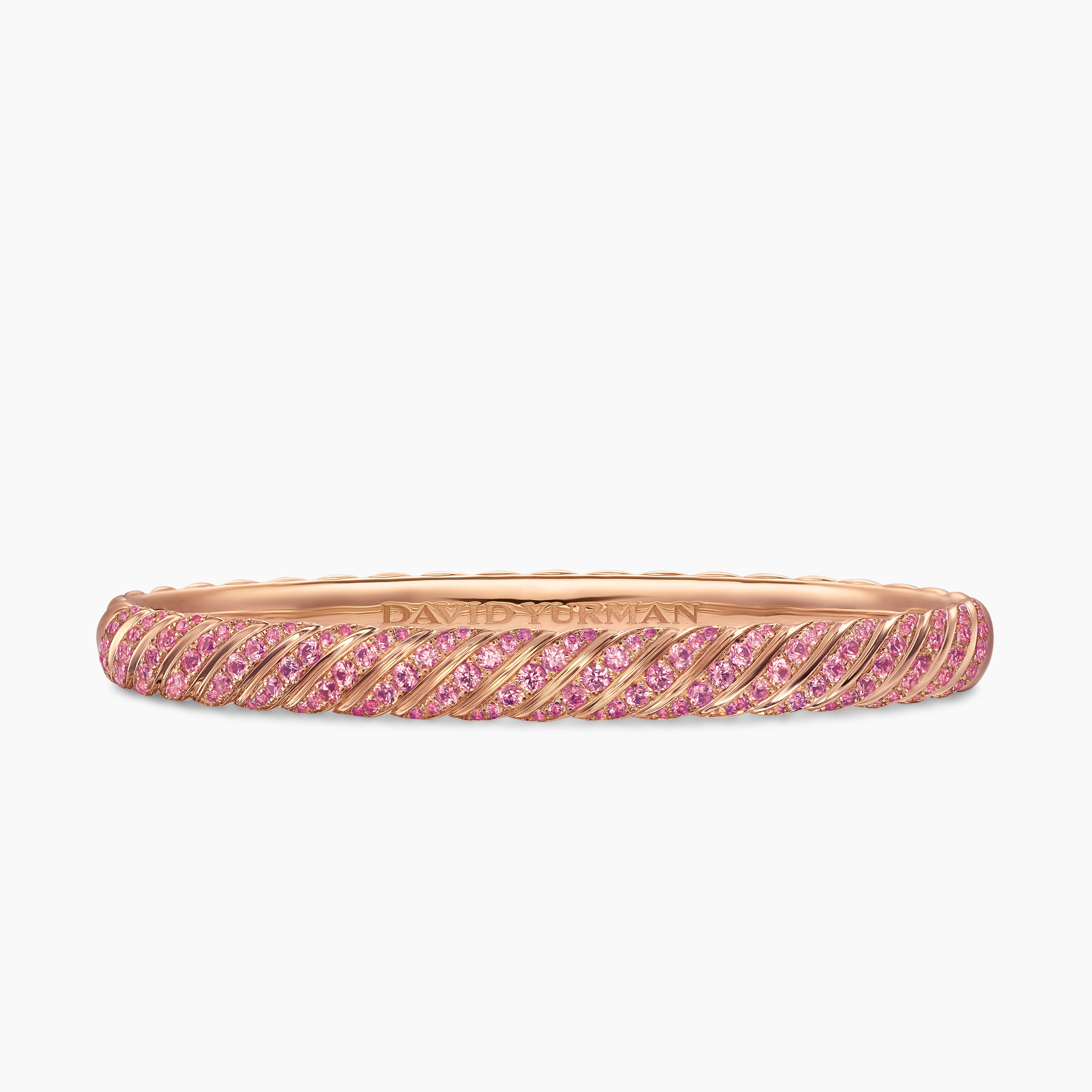 Womens Sculpted Cable Bangle Bracelet in 18K Rose Gold with Pink Sapphires, 6.2mm